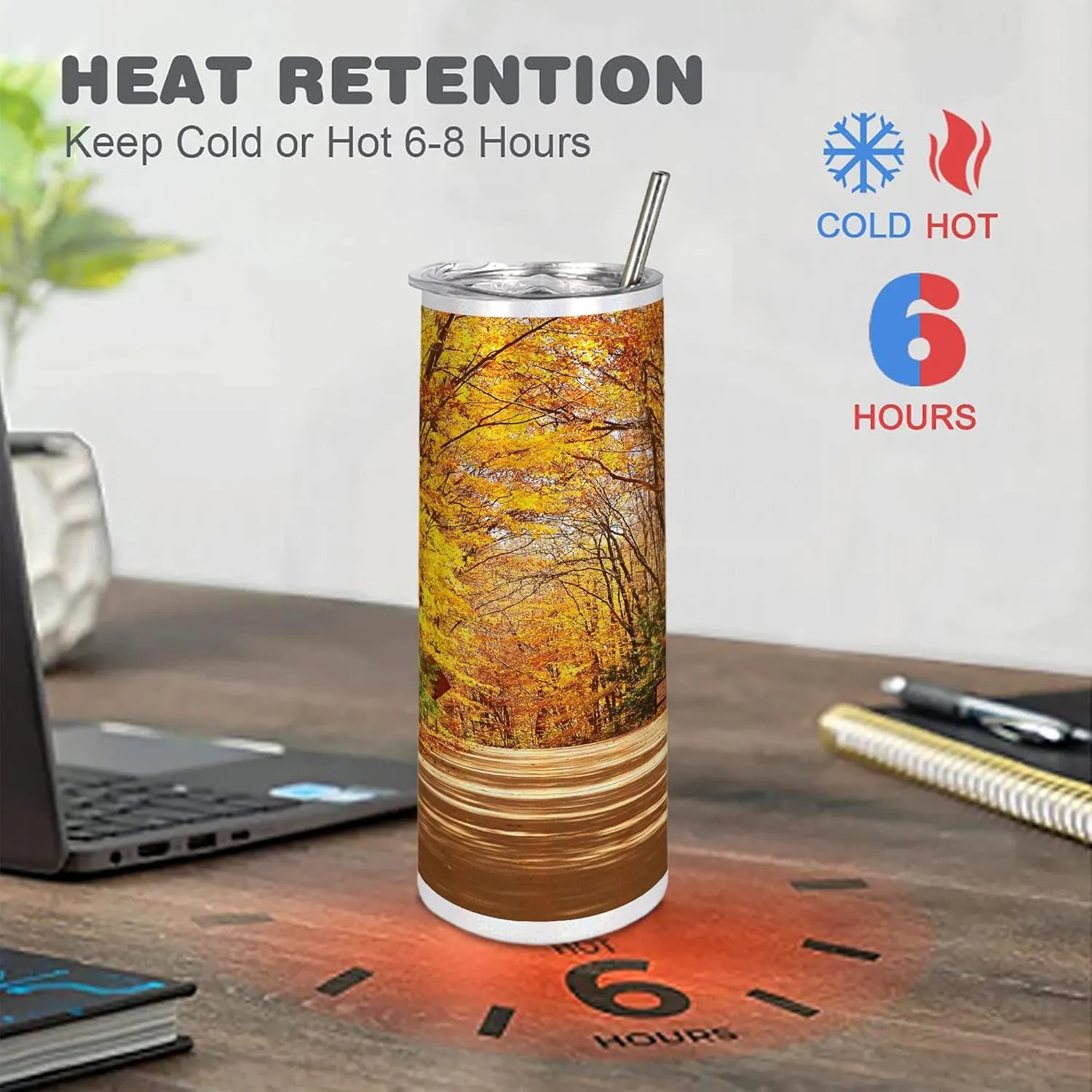 Ambesonne Fall 20 Oz Skinny Tumbler, Scenic View Outdoors Empty Roadway Surrounded with Deciduous Trees Image, Leak-Proof Straw Lid and Brush Vacuum Insulated for Outdoor Use, Redwood Yellow Orange