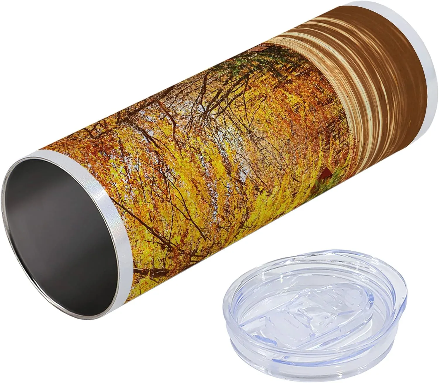 Ambesonne Fall 20 Oz Skinny Tumbler, Scenic View Outdoors Empty Roadway Surrounded with Deciduous Trees Image, Leak-Proof Straw Lid and Brush Vacuum Insulated for Outdoor Use, Redwood Yellow Orange