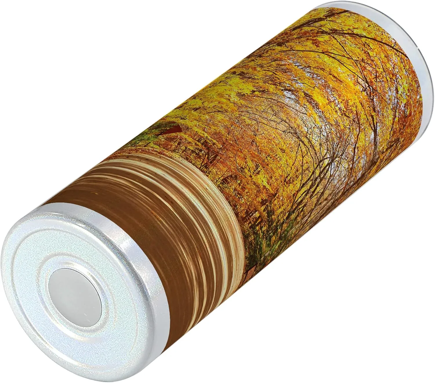 Ambesonne Fall 20 Oz Skinny Tumbler, Scenic View Outdoors Empty Roadway Surrounded with Deciduous Trees Image, Leak-Proof Straw Lid and Brush Vacuum Insulated for Outdoor Use, Redwood Yellow Orange