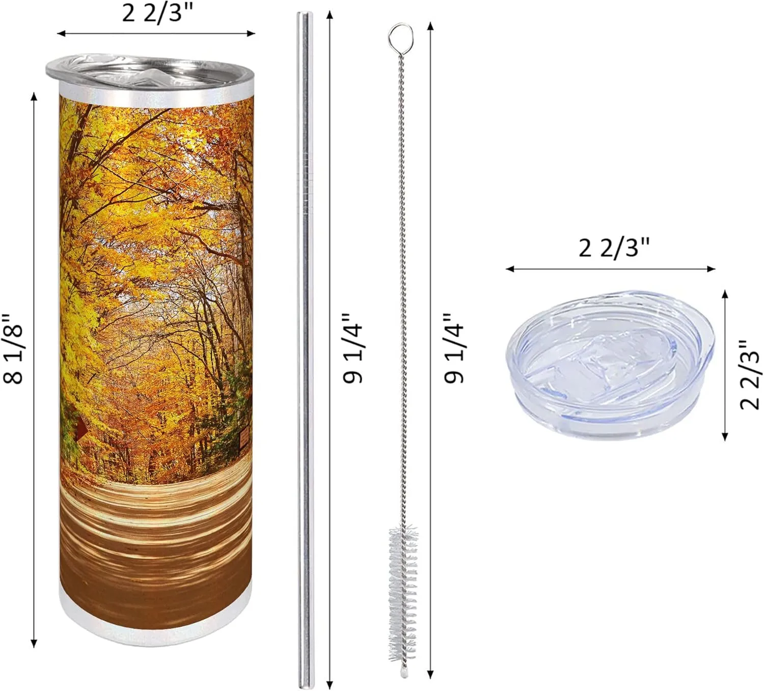 Ambesonne Fall 20 Oz Skinny Tumbler, Scenic View Outdoors Empty Roadway Surrounded with Deciduous Trees Image, Leak-Proof Straw Lid and Brush Vacuum Insulated for Outdoor Use, Redwood Yellow Orange