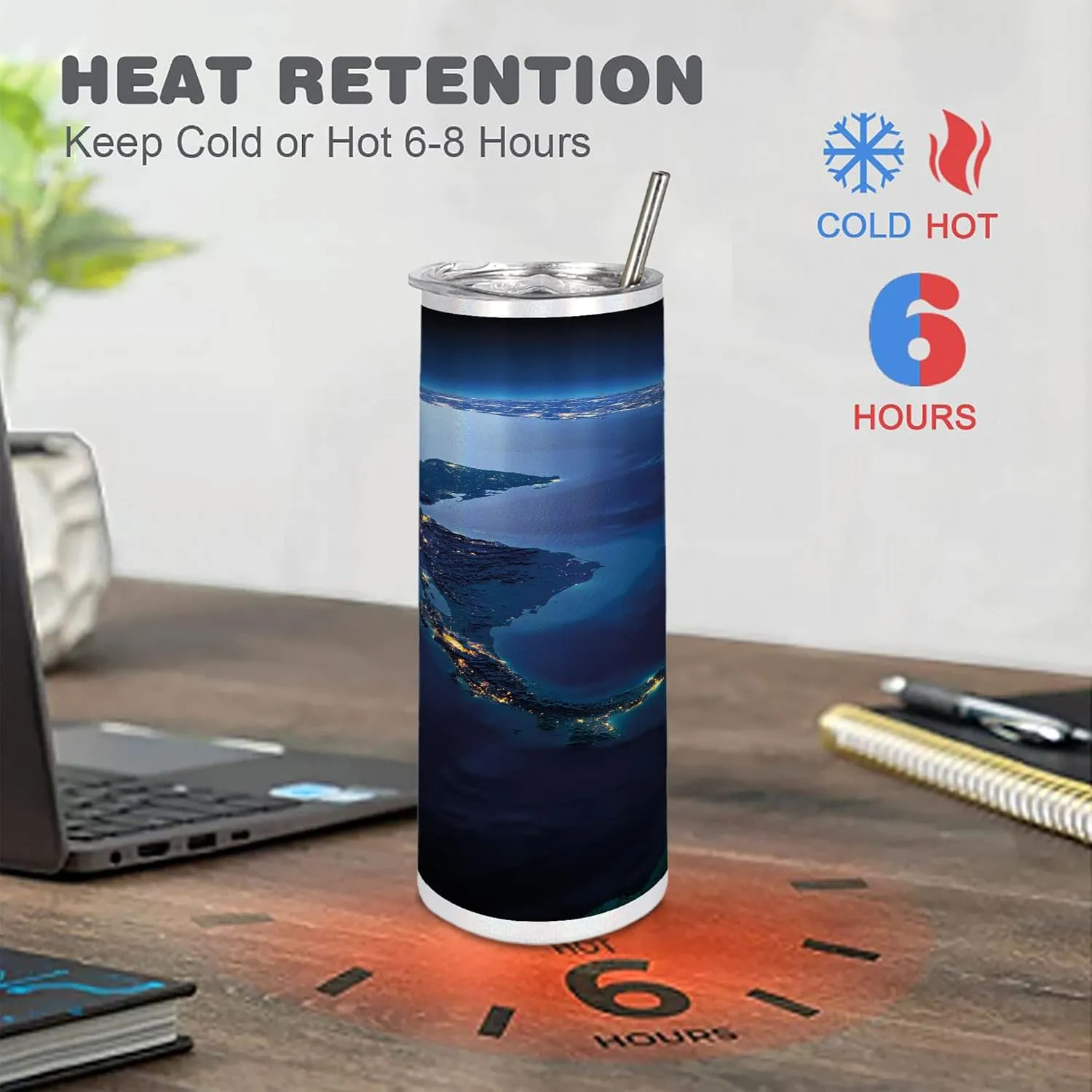 Ambesonne World 20 Oz Skinny Tumbler, Countries Central America Earth at Night Costa Rica Nicaragua Pacific Ocean, Leak-Proof Straw Lid and Brush Vacuum Insulated for Outdoor Use, Blue Forest Green