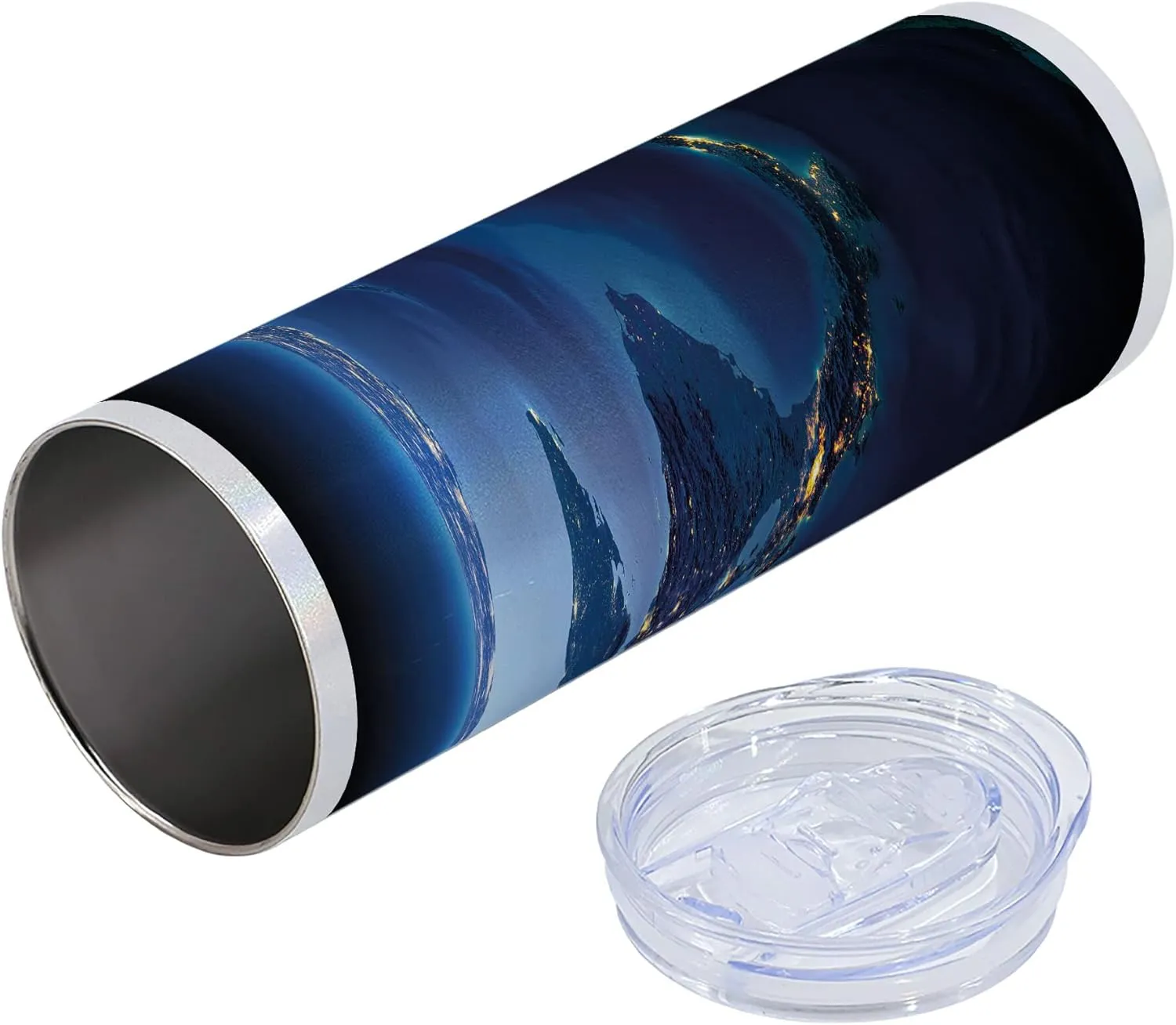 Ambesonne World 20 Oz Skinny Tumbler, Countries Central America Earth at Night Costa Rica Nicaragua Pacific Ocean, Leak-Proof Straw Lid and Brush Vacuum Insulated for Outdoor Use, Blue Forest Green