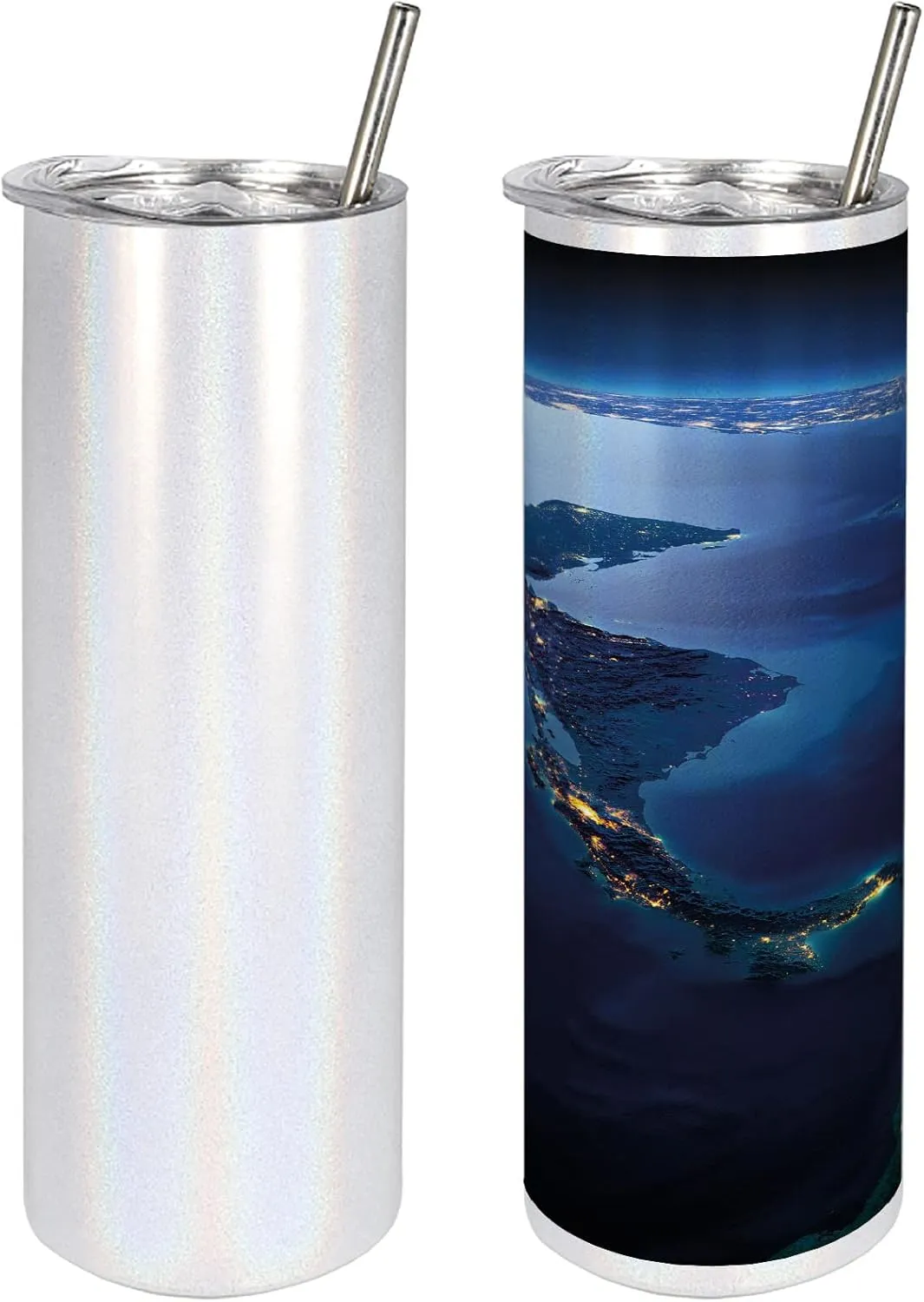 Ambesonne World 20 Oz Skinny Tumbler, Countries Central America Earth at Night Costa Rica Nicaragua Pacific Ocean, Leak-Proof Straw Lid and Brush Vacuum Insulated for Outdoor Use, Blue Forest Green