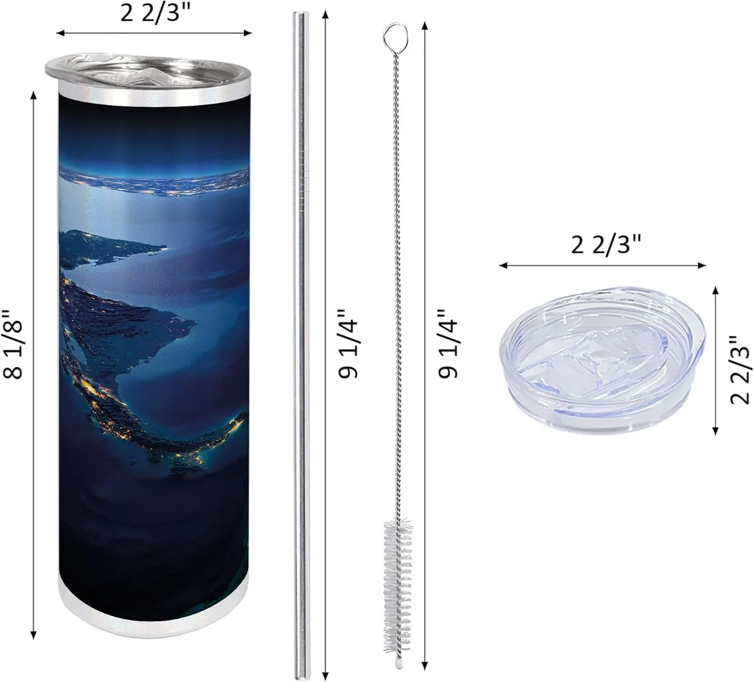 Ambesonne World 20 Oz Skinny Tumbler, Countries Central America Earth at Night Costa Rica Nicaragua Pacific Ocean, Leak-Proof Straw Lid and Brush Vacuum Insulated for Outdoor Use, Blue Forest Green