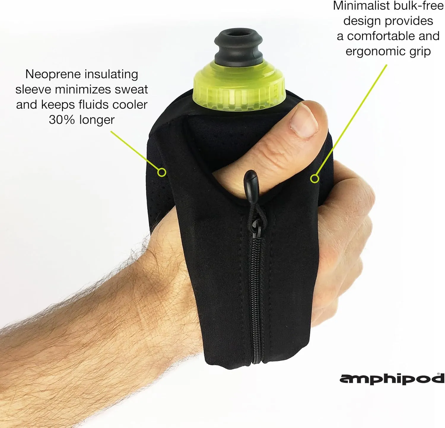 Amphipod Hydraform Ergo-Lite Charcoal Handheld Water Bottle 16oz. - For Running and Jogging, BPA-Free, Micro Zipper Pocket for Nutrition, Keys, and Cards