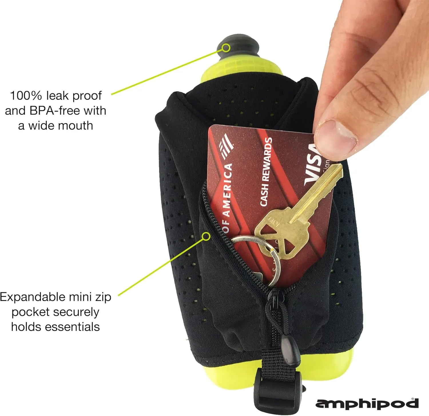 Amphipod Hydraform Ergo-Lite Charcoal Handheld Water Bottle 16oz. - For Running and Jogging, BPA-Free, Micro Zipper Pocket for Nutrition, Keys, and Cards