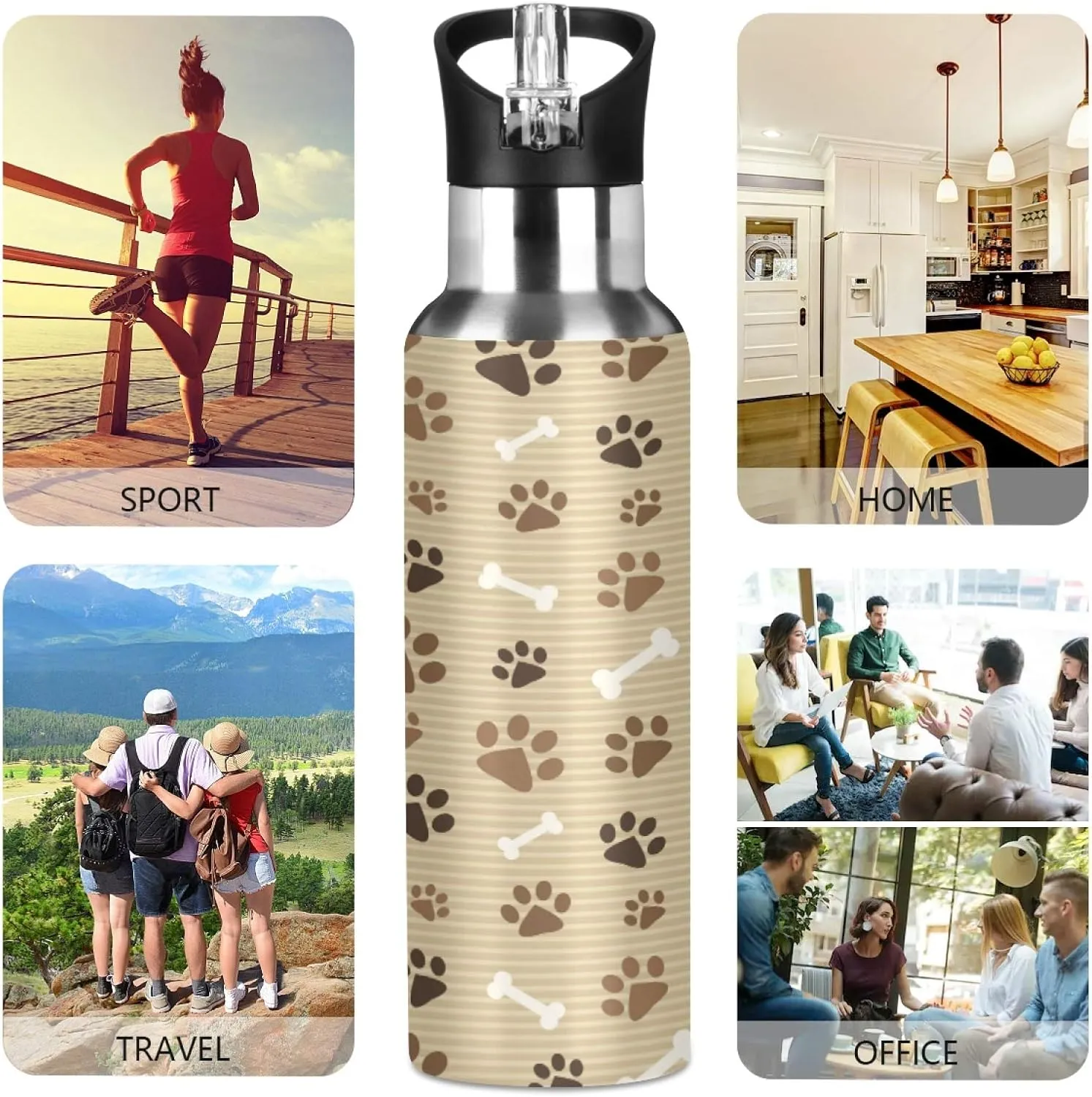 Animal Dog Cat Paw Print Sport Water Bottle with Straw, Vacuum Insulated Stainless Steel Thermal Flask Leakproof BPA Free Drinking Bottle for Gym Fitness Camping-20oz/600ml