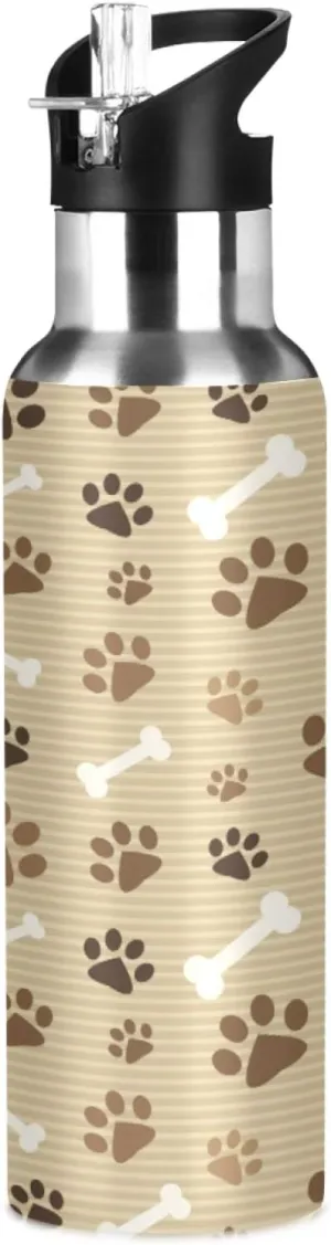 Animal Dog Cat Paw Print Sport Water Bottle with Straw, Vacuum Insulated Stainless Steel Thermal Flask Leakproof BPA Free Drinking Bottle for Gym Fitness Camping-20oz/600ml