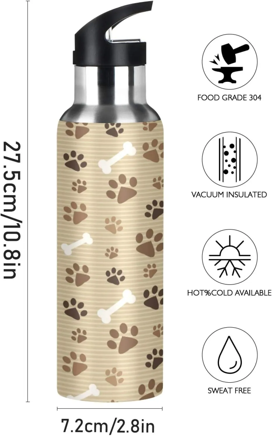 Animal Dog Cat Paw Print Sport Water Bottle with Straw, Vacuum Insulated Stainless Steel Thermal Flask Leakproof BPA Free Drinking Bottle for Gym Fitness Camping-20oz/600ml