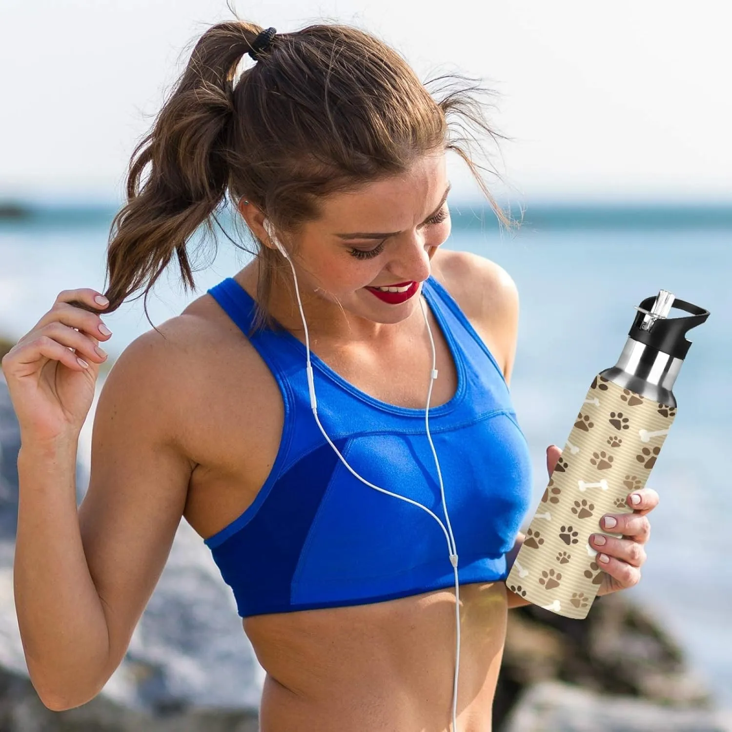 Animal Dog Cat Paw Print Sport Water Bottle with Straw, Vacuum Insulated Stainless Steel Thermal Flask Leakproof BPA Free Drinking Bottle for Gym Fitness Camping-20oz/600ml
