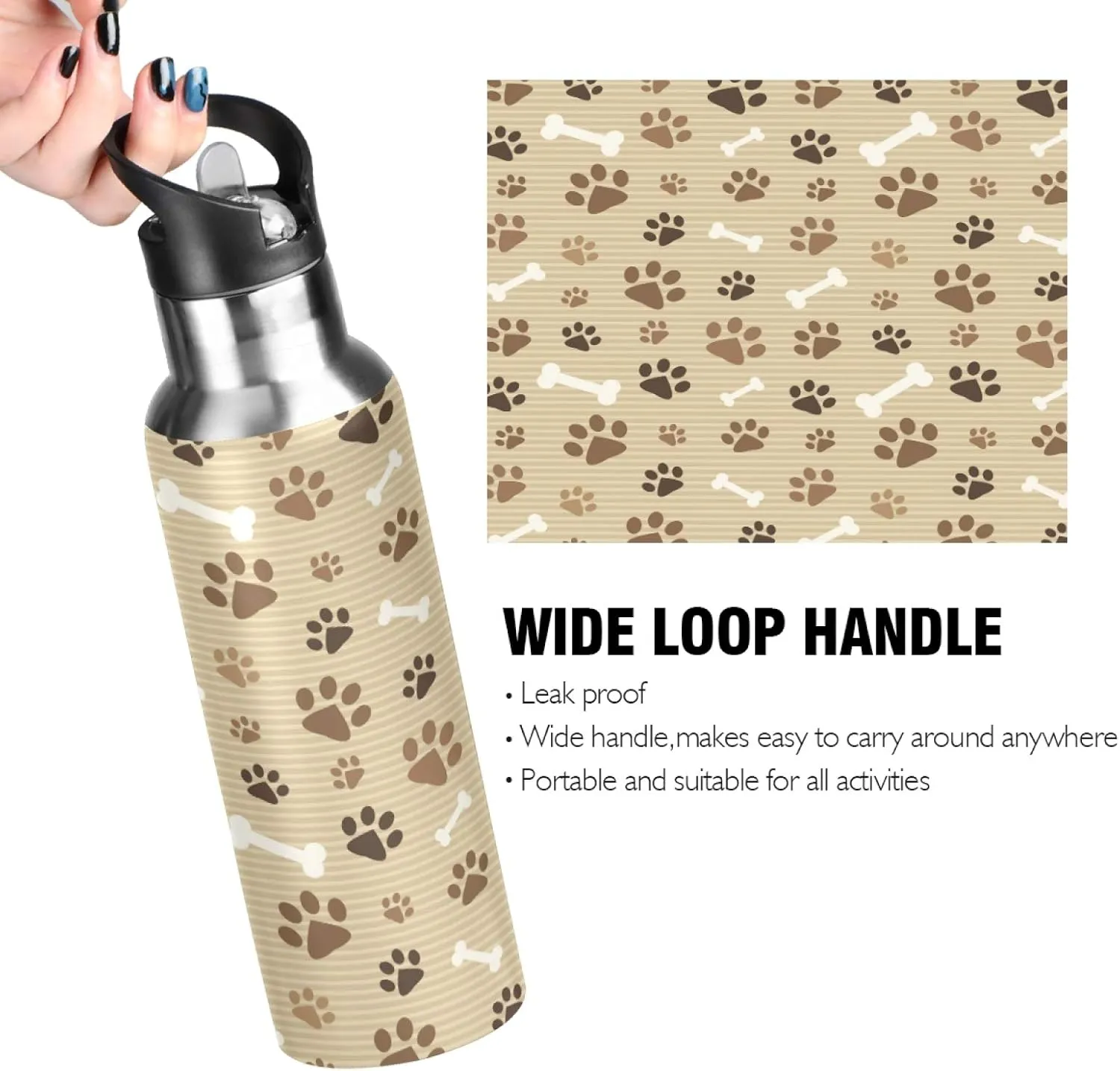Animal Dog Cat Paw Print Sport Water Bottle with Straw, Vacuum Insulated Stainless Steel Thermal Flask Leakproof BPA Free Drinking Bottle for Gym Fitness Camping-20oz/600ml