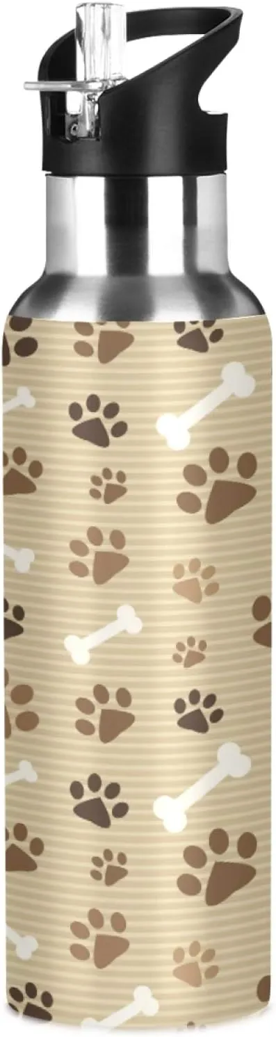 Animal Dog Cat Paw Print Sport Water Bottle with Straw, Vacuum Insulated Stainless Steel Thermal Flask Leakproof BPA Free Drinking Bottle for Gym Fitness Camping-20oz/600ml