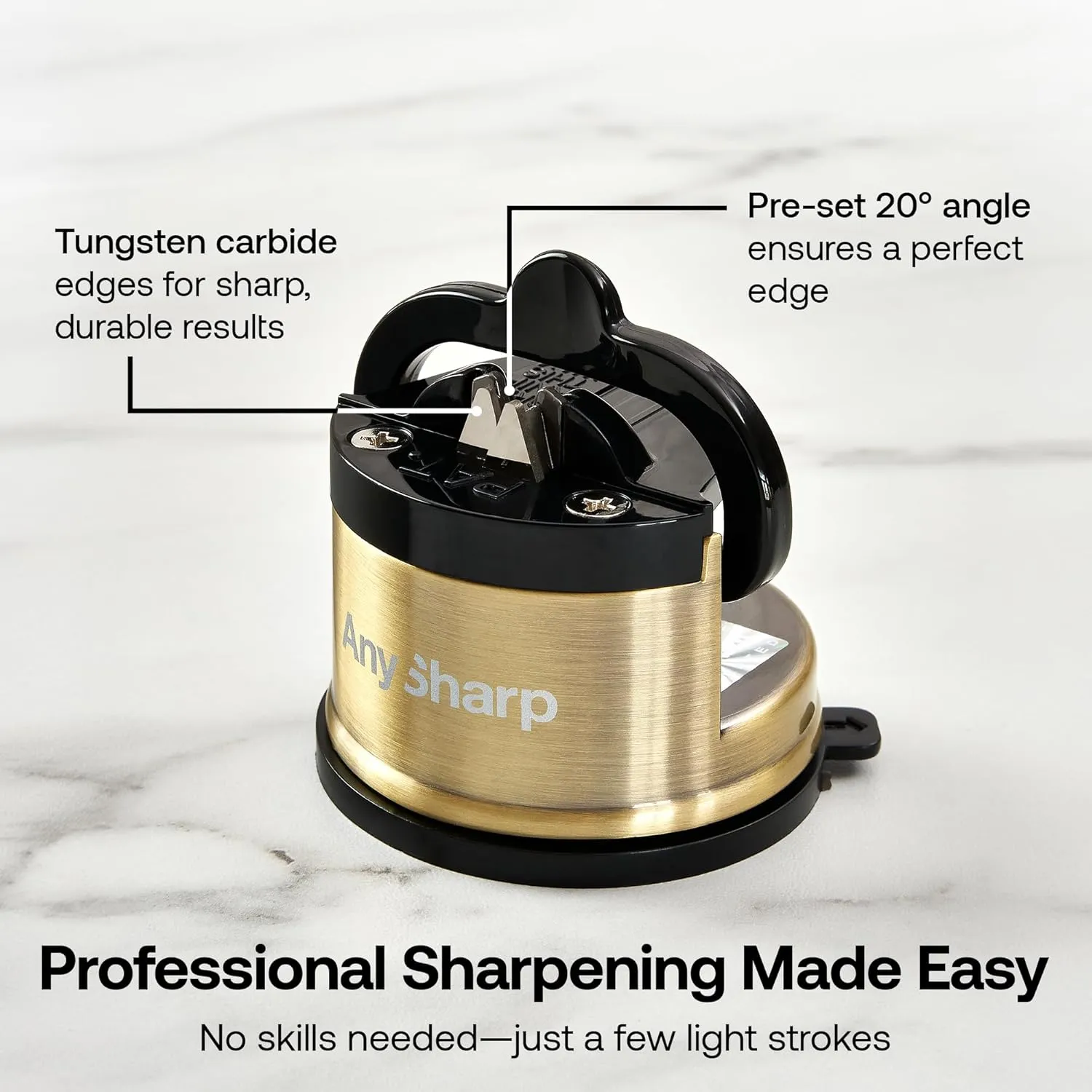AnySharp – CHEF – Hands Free Knife Sharpener - Easy to Use Sharpening Tool with PowerGrip Suction Base and 20-Degree Pre-set Angle - For All Knives: Chef’s, Serrated, and Hardened Steel - Brass