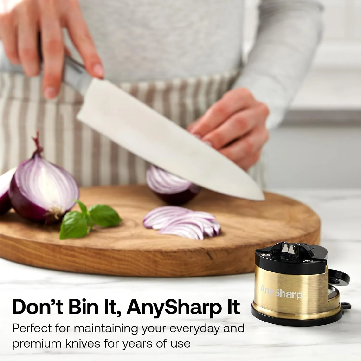 AnySharp – CHEF – Hands Free Knife Sharpener - Easy to Use Sharpening Tool with PowerGrip Suction Base and 20-Degree Pre-set Angle - For All Knives: Chef’s, Serrated, and Hardened Steel - Brass