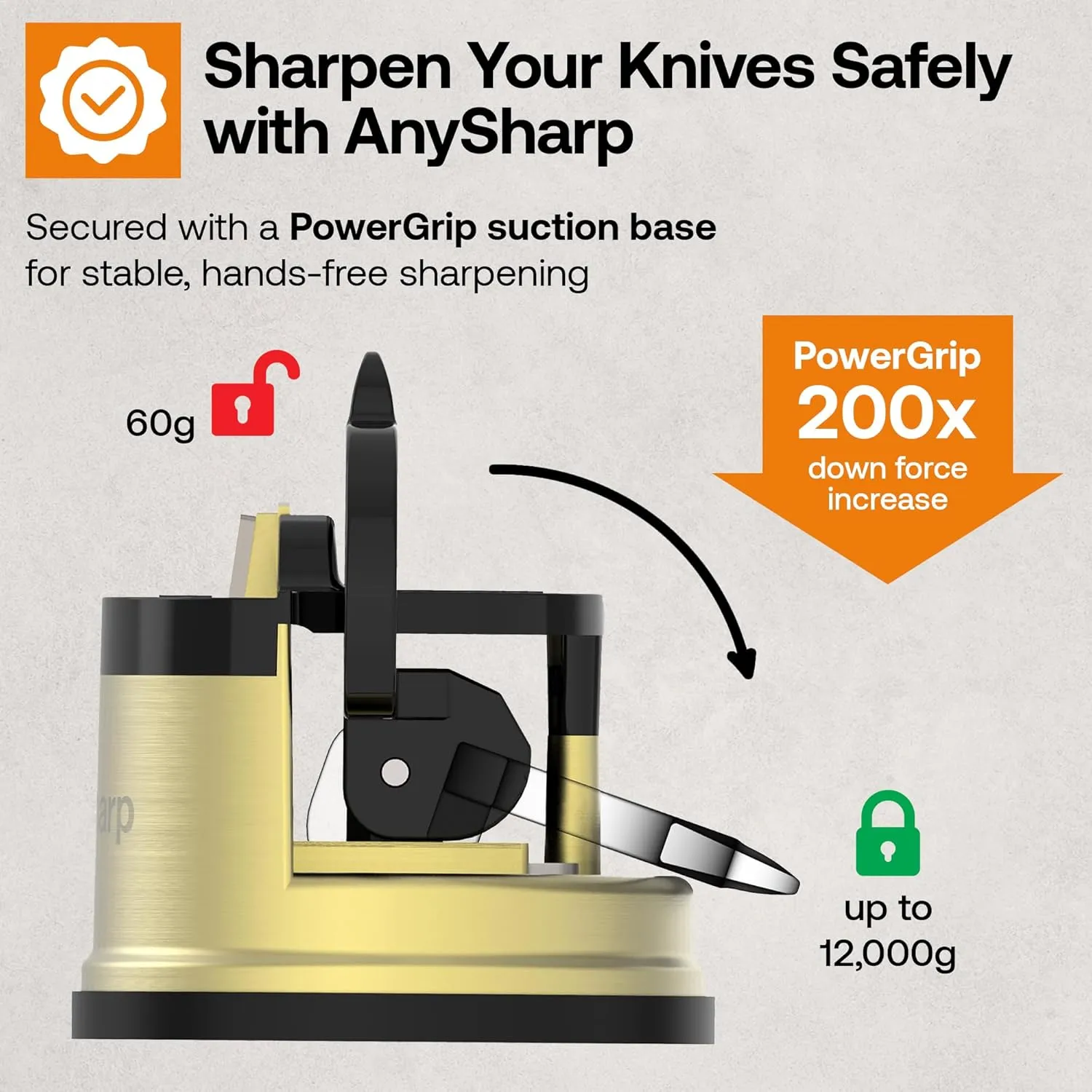 AnySharp – CHEF – Hands Free Knife Sharpener - Easy to Use Sharpening Tool with PowerGrip Suction Base and 20-Degree Pre-set Angle - For All Knives: Chef’s, Serrated, and Hardened Steel - Brass