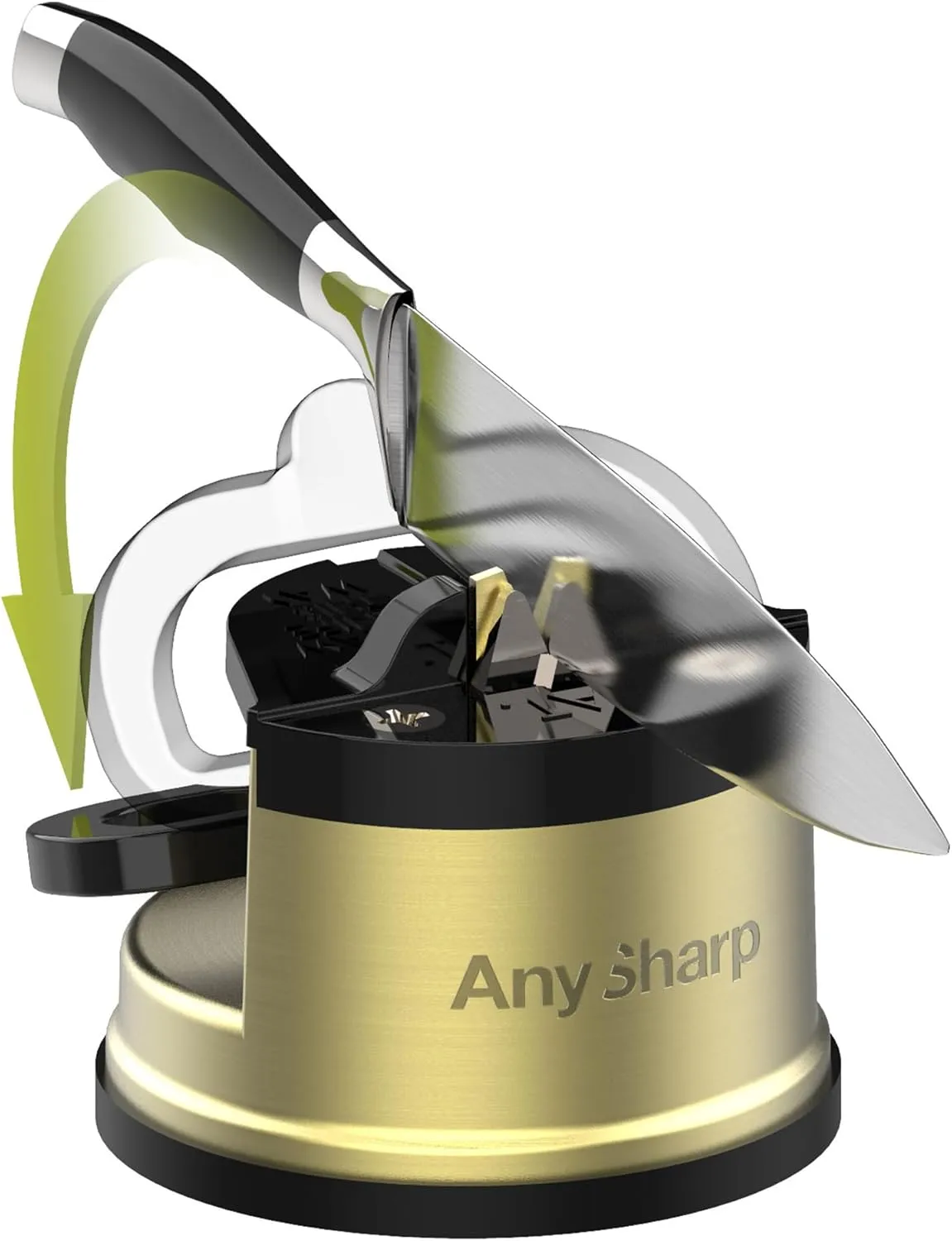 AnySharp – CHEF – Hands Free Knife Sharpener - Easy to Use Sharpening Tool with PowerGrip Suction Base and 20-Degree Pre-set Angle - For All Knives: Chef’s, Serrated, and Hardened Steel - Brass
