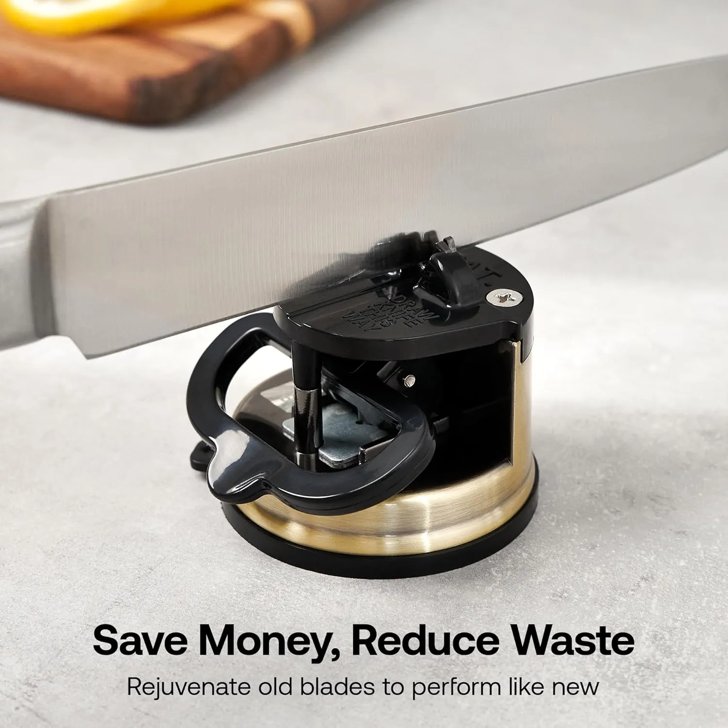 AnySharp – CHEF – Hands Free Knife Sharpener - Easy to Use Sharpening Tool with PowerGrip Suction Base and 20-Degree Pre-set Angle - For All Knives: Chef’s, Serrated, and Hardened Steel - Brass