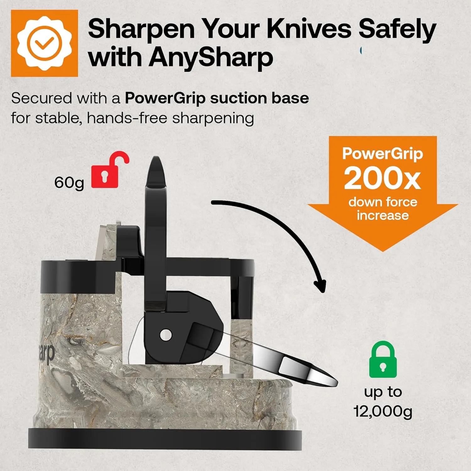 AnySharp – EDITIONS – Hands Free Knife Sharpener - Easy to Use Sharpening Tool with PowerGrip Suction Base and 20-Degree Pre-set Angle - For All Knives: Chef’s, Serrated, and Hardened Steel - Stone