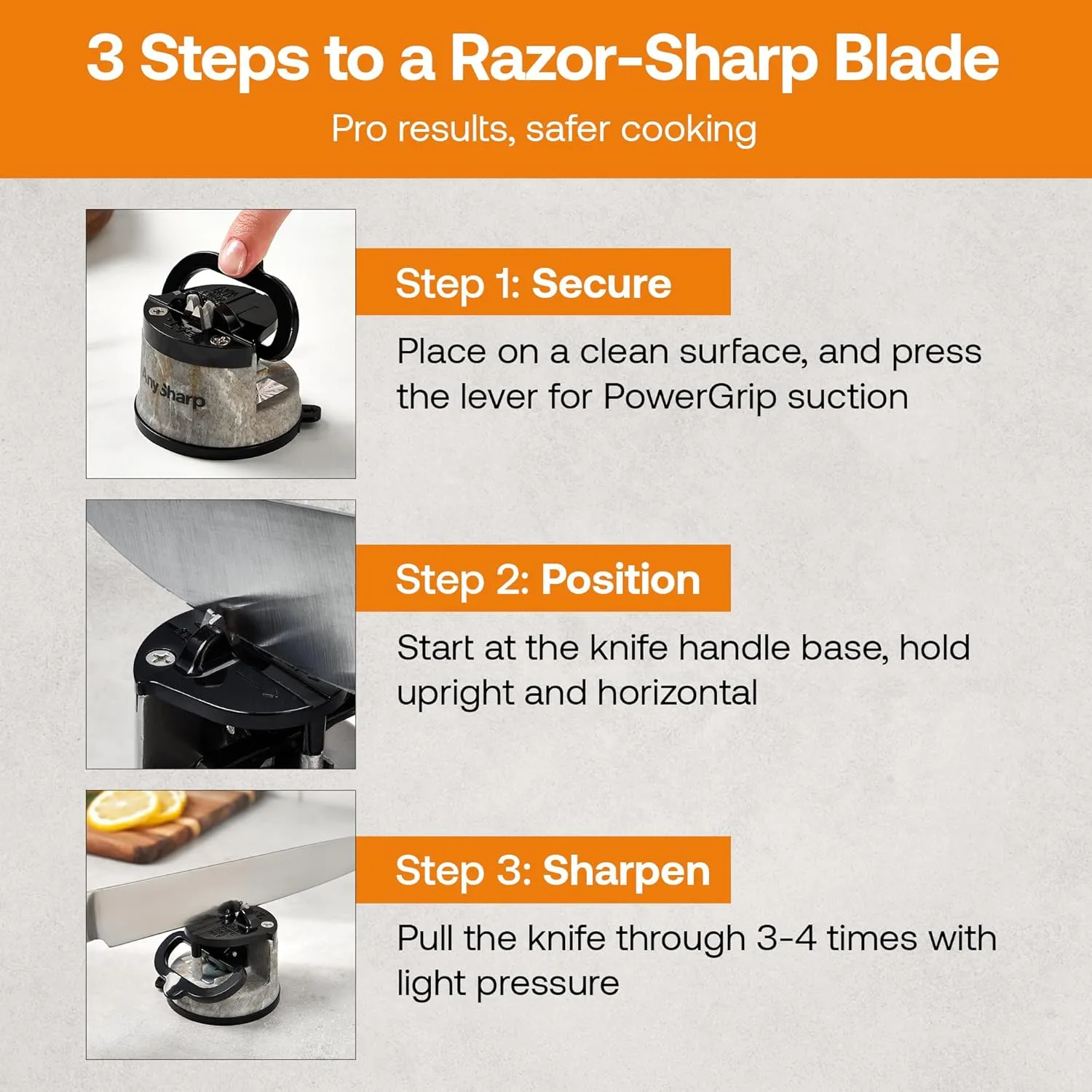 AnySharp – EDITIONS – Hands Free Knife Sharpener - Easy to Use Sharpening Tool with PowerGrip Suction Base and 20-Degree Pre-set Angle - For All Knives: Chef’s, Serrated, and Hardened Steel - Stone