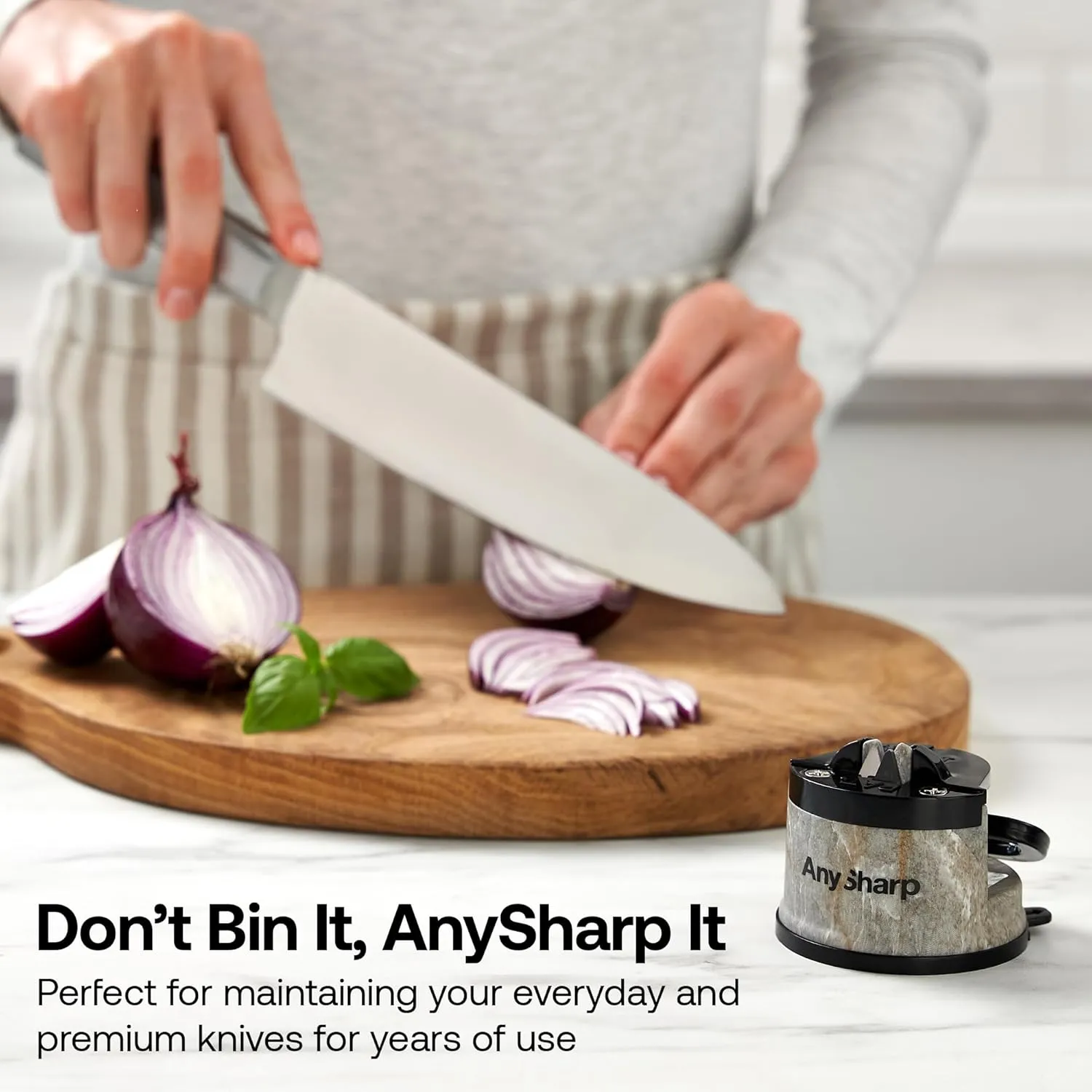 AnySharp – EDITIONS – Hands Free Knife Sharpener - Easy to Use Sharpening Tool with PowerGrip Suction Base and 20-Degree Pre-set Angle - For All Knives: Chef’s, Serrated, and Hardened Steel - Stone