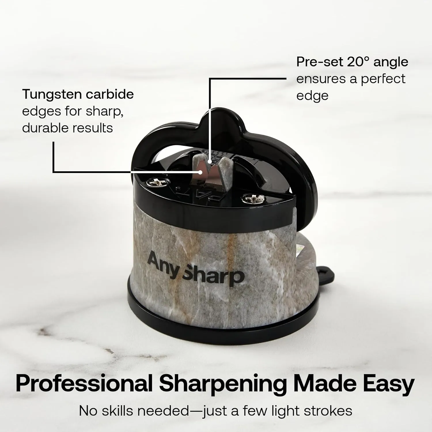 AnySharp – EDITIONS – Hands Free Knife Sharpener - Easy to Use Sharpening Tool with PowerGrip Suction Base and 20-Degree Pre-set Angle - For All Knives: Chef’s, Serrated, and Hardened Steel - Stone