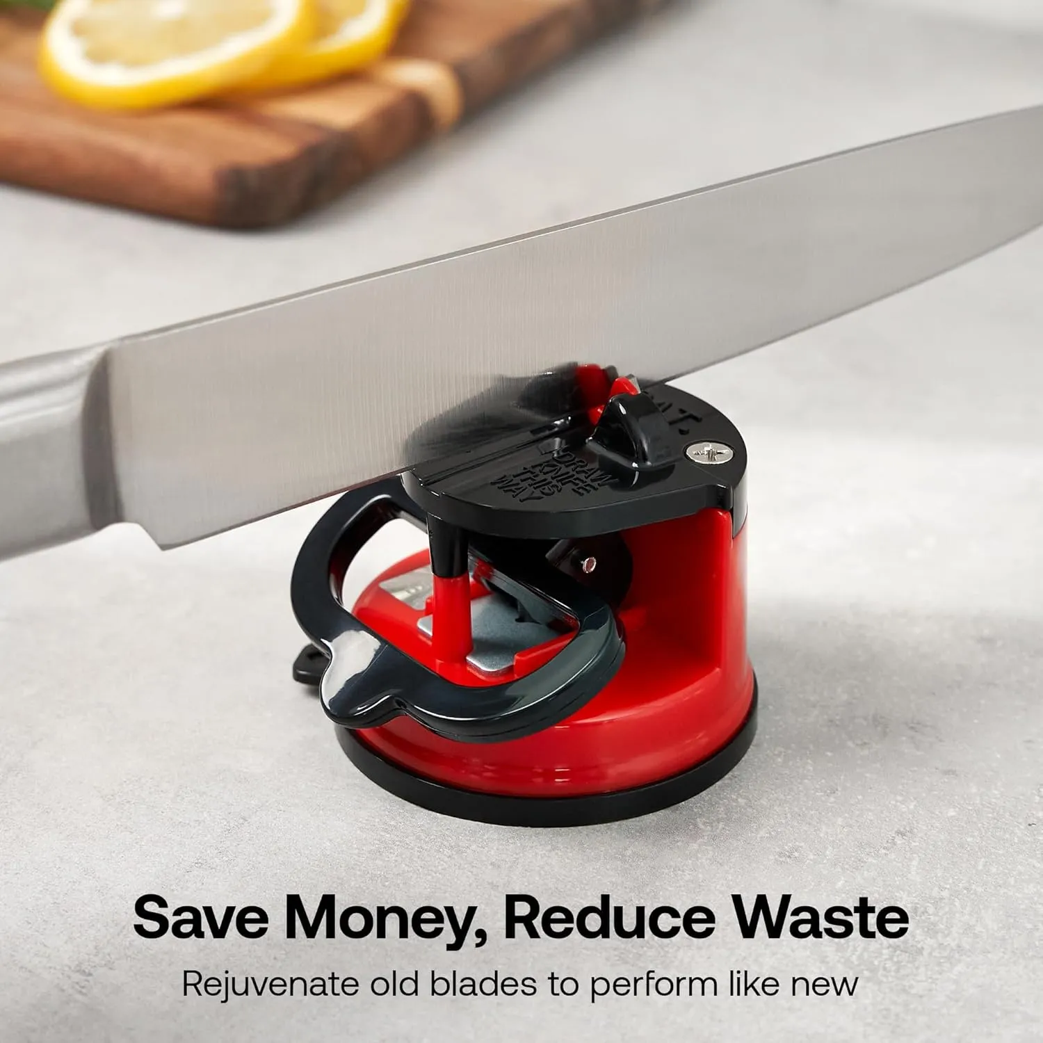 AnySharp – GLOBAL – Hands Free Knife Sharpener - Easy to Use Sharpening Tool with PowerGrip Suction Base and 20-Degree Pre-set Angle - For All Knives: Chef’s, Serrated, and Hardened Steel - Red