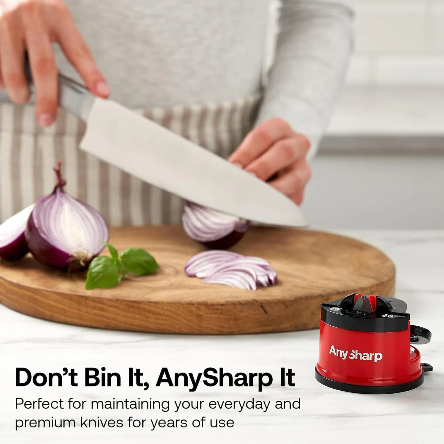 AnySharp – GLOBAL – Hands Free Knife Sharpener - Easy to Use Sharpening Tool with PowerGrip Suction Base and 20-Degree Pre-set Angle - For All Knives: Chef’s, Serrated, and Hardened Steel - Red