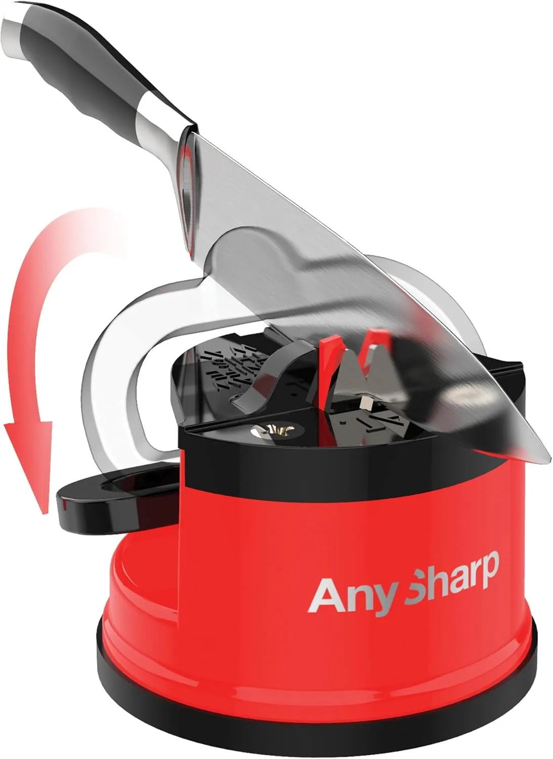 AnySharp – GLOBAL – Hands Free Knife Sharpener - Easy to Use Sharpening Tool with PowerGrip Suction Base and 20-Degree Pre-set Angle - For All Knives: Chef’s, Serrated, and Hardened Steel - Red