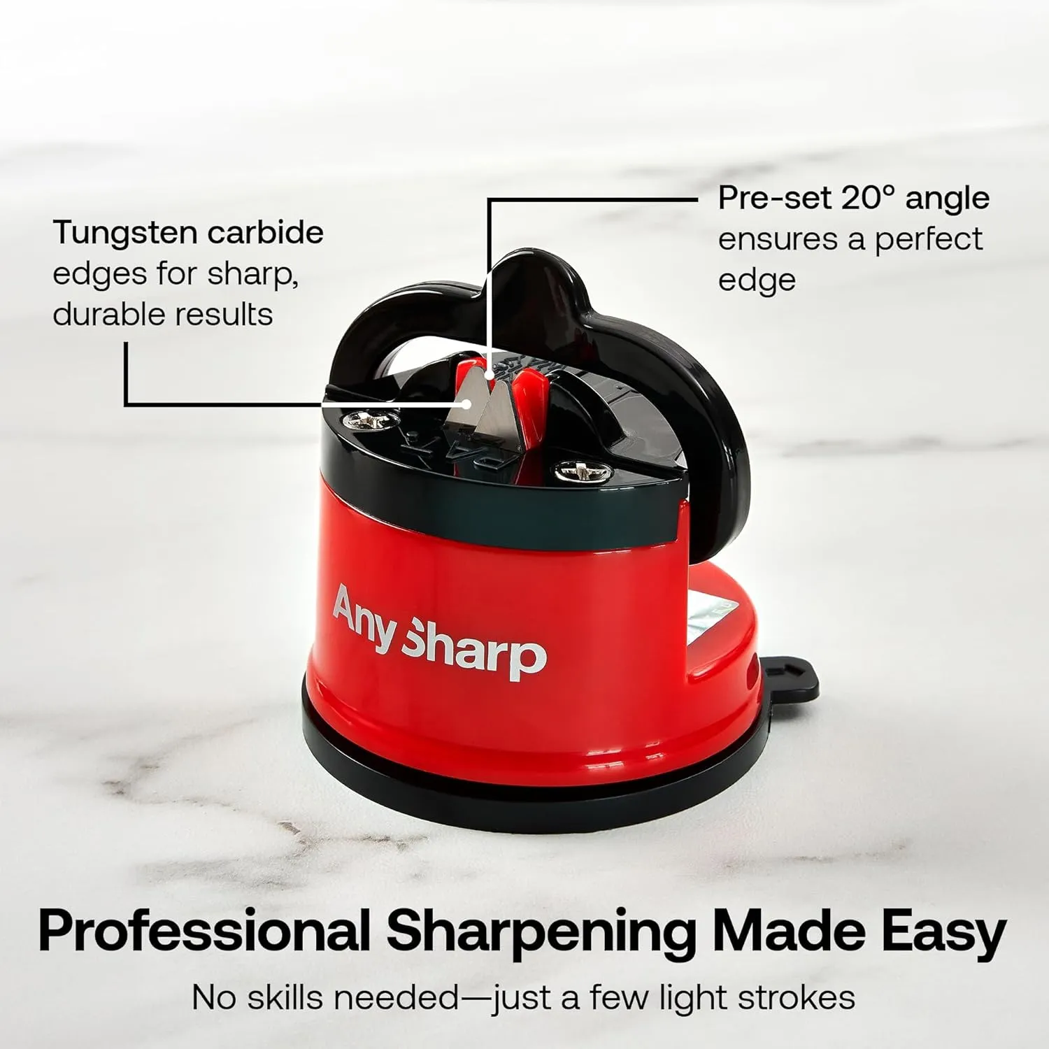 AnySharp – GLOBAL – Hands Free Knife Sharpener - Easy to Use Sharpening Tool with PowerGrip Suction Base and 20-Degree Pre-set Angle - For All Knives: Chef’s, Serrated, and Hardened Steel - Red