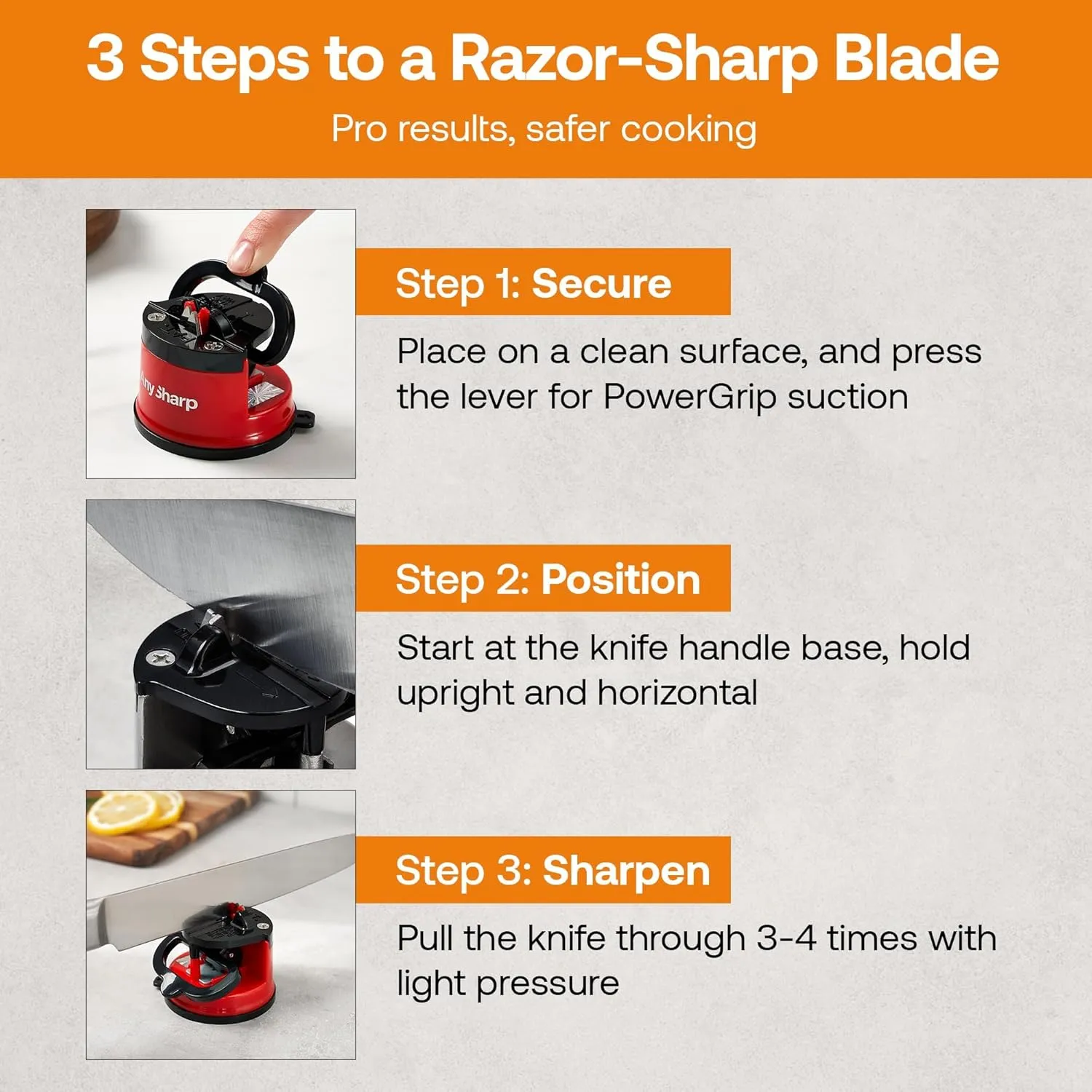 AnySharp – GLOBAL – Hands Free Knife Sharpener - Easy to Use Sharpening Tool with PowerGrip Suction Base and 20-Degree Pre-set Angle - For All Knives: Chef’s, Serrated, and Hardened Steel - Red