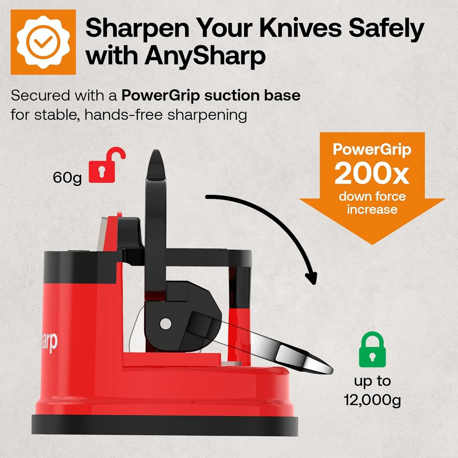 AnySharp – GLOBAL – Hands Free Knife Sharpener - Easy to Use Sharpening Tool with PowerGrip Suction Base and 20-Degree Pre-set Angle - For All Knives: Chef’s, Serrated, and Hardened Steel - Red