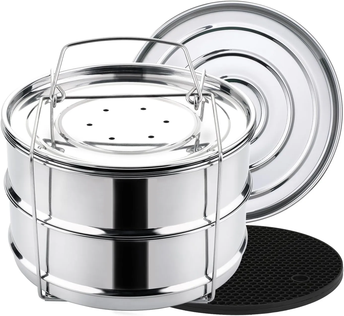 Aozita Stackable Steamer Insert Pans with Sling for Instant Pot Accessories 6/8 qt - Pot in Pot, Baking, Casseroles, Lasagna Pans, Food Steamer for Pressure Cooker, Upgrade Interchangeable Lids