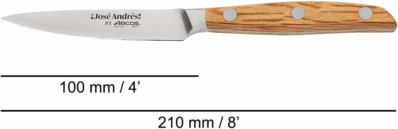 Arcos Jose Andres Paring Knife | 4-Inch Forged Knife for Fruit & Vegetable Peeling | NITRUM Stainless Steel Blade with Silk Edge | Light Brown Holm Oak Handle