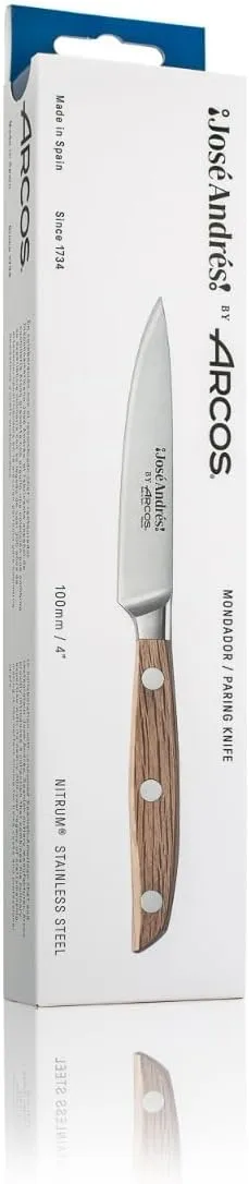 Arcos Jose Andres Paring Knife | 4-Inch Forged Knife for Fruit & Vegetable Peeling | NITRUM Stainless Steel Blade with Silk Edge | Light Brown Holm Oak Handle