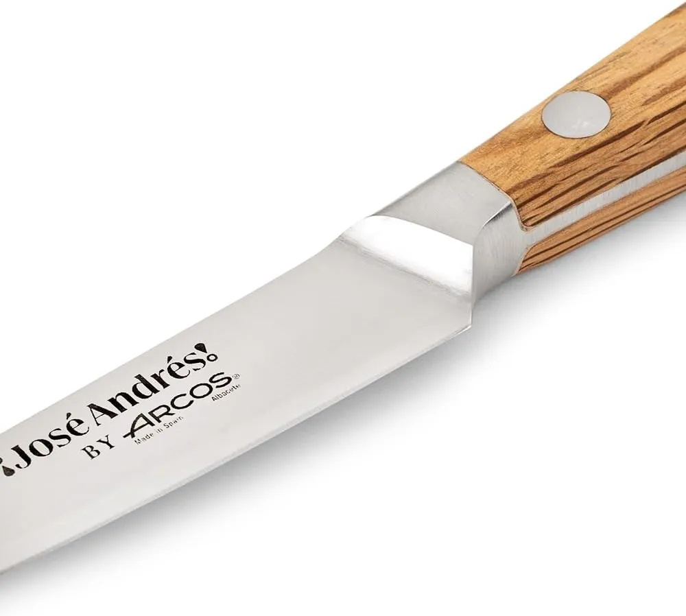 Arcos Jose Andres Paring Knife | 4-Inch Forged Knife for Fruit & Vegetable Peeling | NITRUM Stainless Steel Blade with Silk Edge | Light Brown Holm Oak Handle