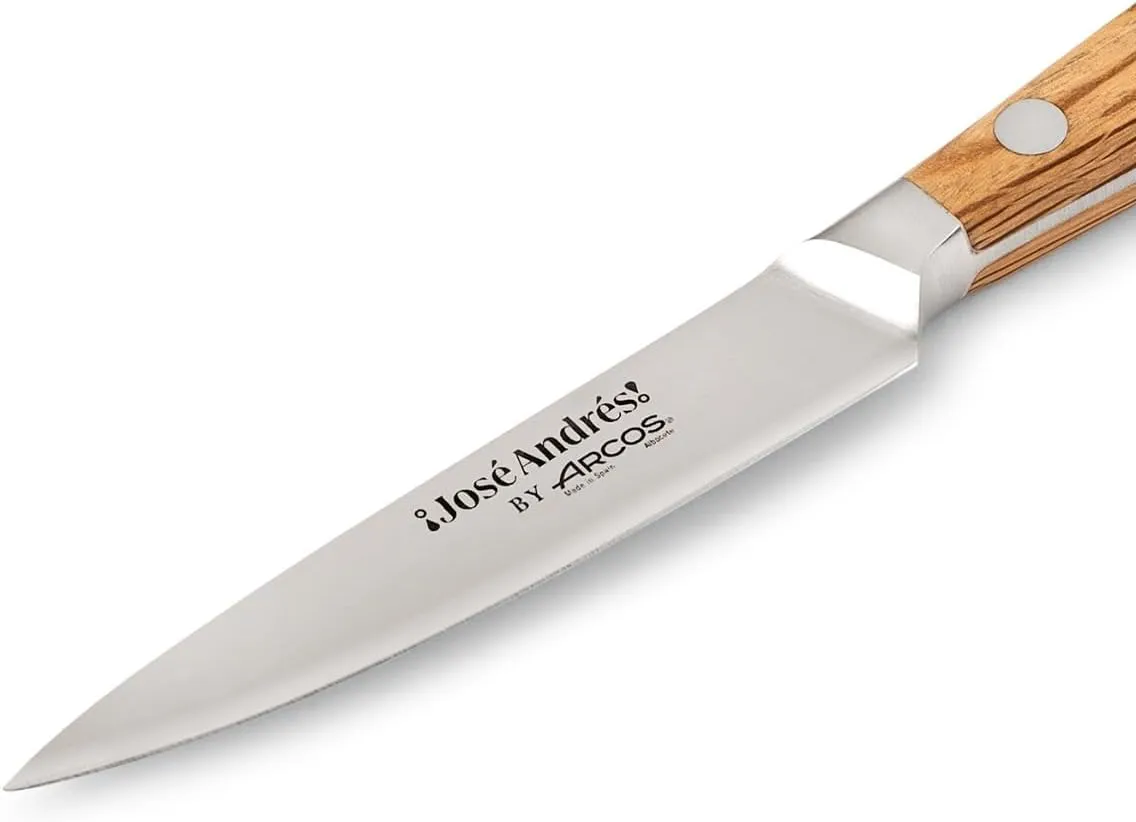 Arcos Jose Andres Paring Knife | 4-Inch Forged Knife for Fruit & Vegetable Peeling | NITRUM Stainless Steel Blade with Silk Edge | Light Brown Holm Oak Handle