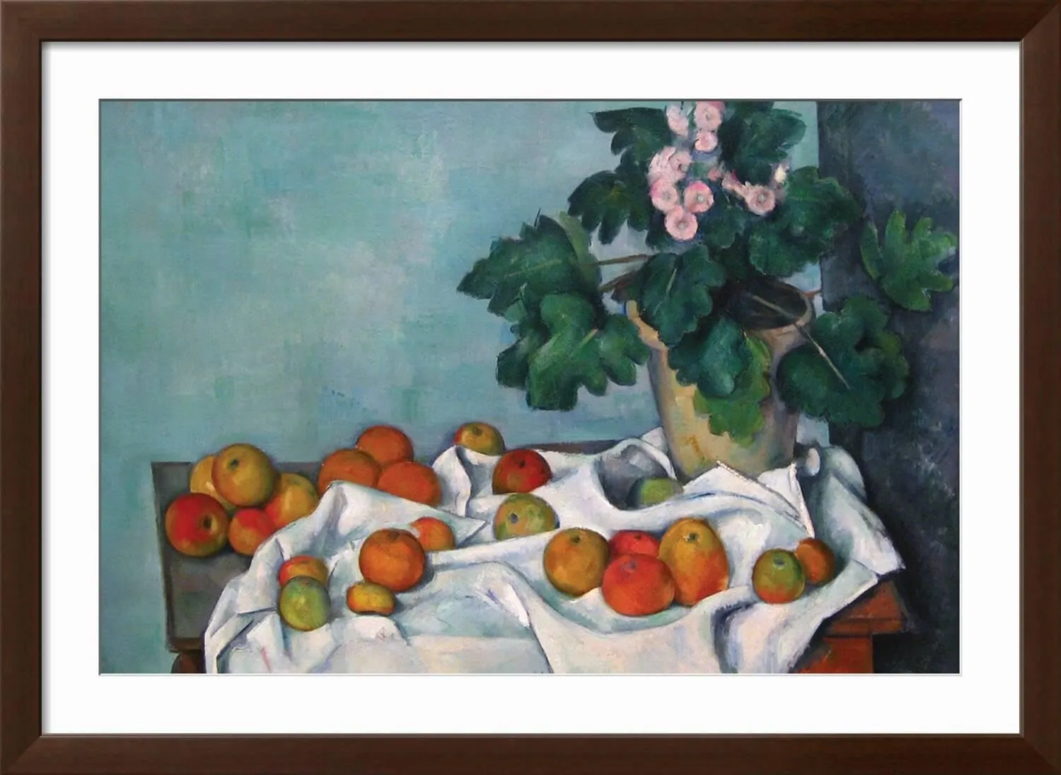 ART.COM Wall Art Print Still Life with Apples and a Pot of Primroses on Brown Frame by Paul Cézanne, 44" x 32"