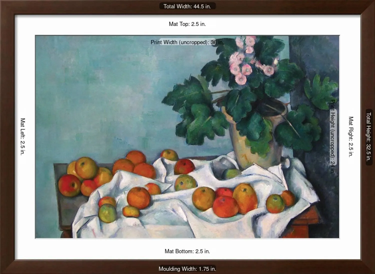 ART.COM Wall Art Print Still Life with Apples and a Pot of Primroses on Brown Frame by Paul Cézanne, 44" x 32"