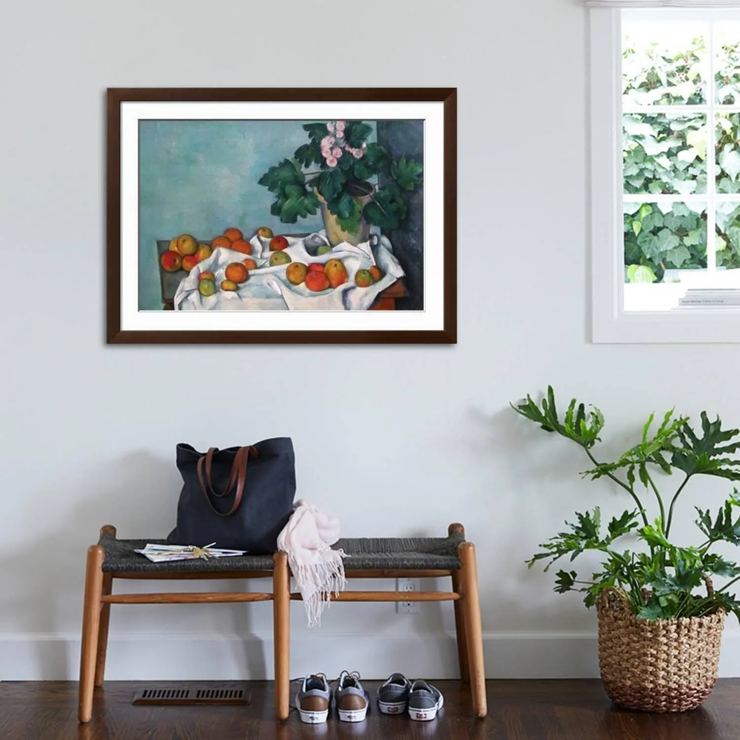 ART.COM Wall Art Print Still Life with Apples and a Pot of Primroses on Brown Frame by Paul Cézanne, 44" x 32"