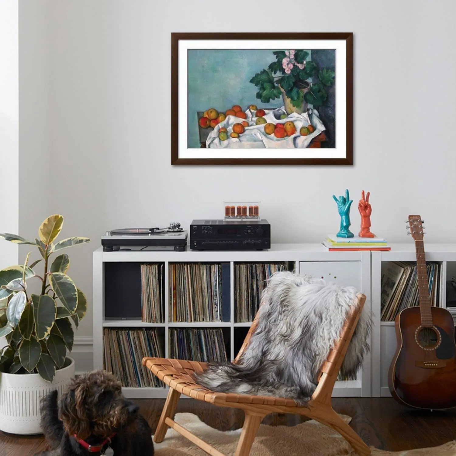 ART.COM Wall Art Print Still Life with Apples and a Pot of Primroses on Brown Frame by Paul Cézanne, 44" x 32"
