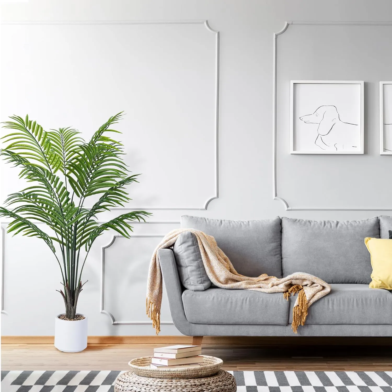Artificial Areca Palm Tree 4FT Fake Potted Plant Faux Silk Tropical Areca Palm with 12 Trunks & Real Bark Design, Large Aritificial Plant in White Pot for Home Living Room House Warmming Floor Decor