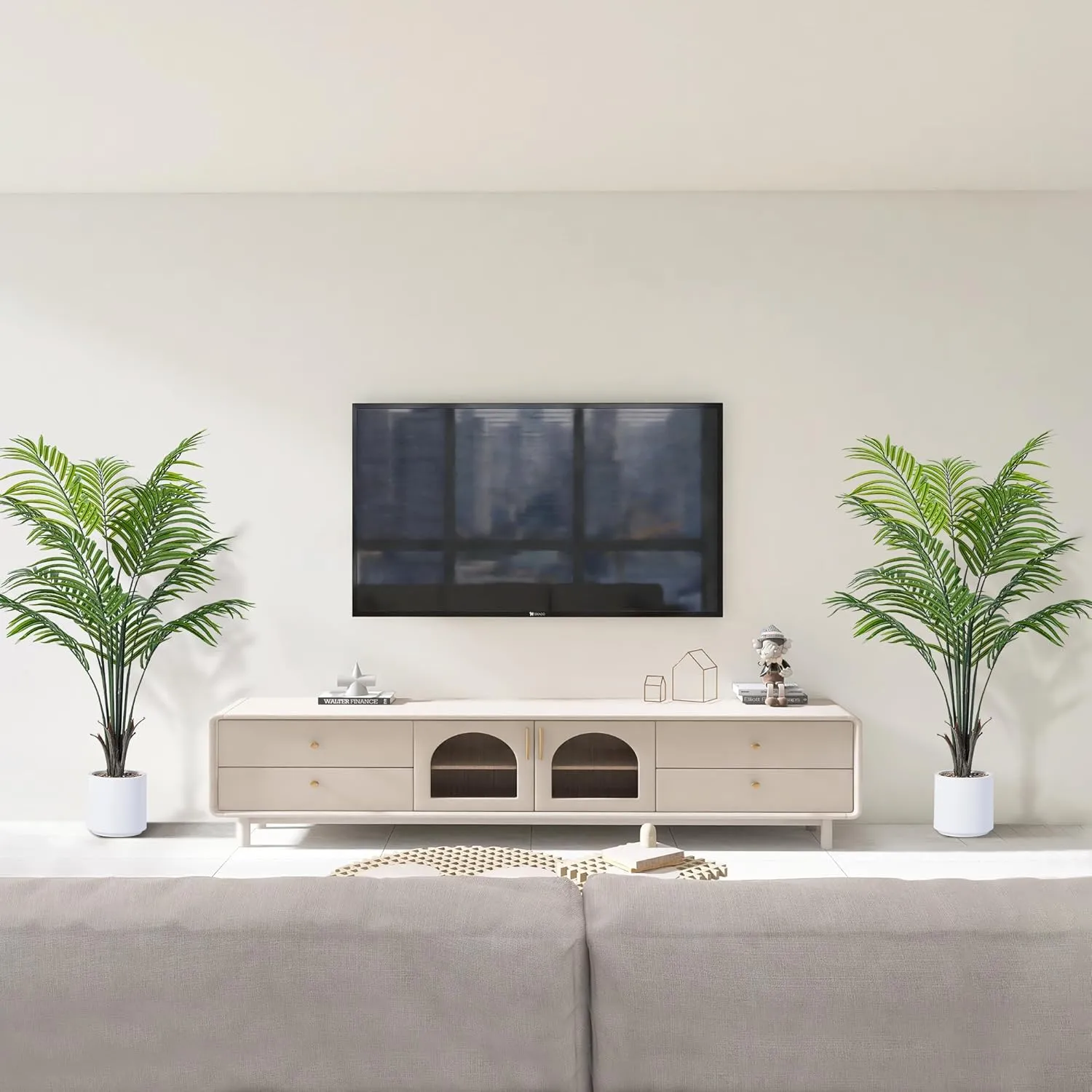 Artificial Areca Palm Tree 5FT Fake Potted Plant 2 Pack Faux Silk Tropical Areca Palm with 15 Trunks & Real Bark Design, Large Aritificial Plant in Pot for Home Living Room House Warmming Floor Decor