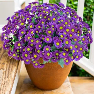 Artificial Daisy Fake Flowers Plants for Outdoors Decoration, 6 Bundles Faux Daisy Bouquet, Purple Silk Flowers for Outside Fake Mums for Planter Front Door Porch Urn Patio Balcony Garden Yard Home