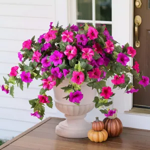 Artificial Faux Flowers Planter for Outdoor Decoration, 2PCS Summer Silk Fake Petunias Flower Plants, No Fade UV Resistant Floral for Garden Porch Yard Balcony Patio Realistic Indoor Decor(Fuchsia)