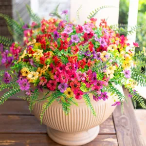 Artificial Faux Outdoor Flowers Plants for Summer Outside Decoration, 14 Bundles Fake Silk Colorful Daisy Ferns UV Resistant Realistic for Front Door Porch Planter Patio Yard