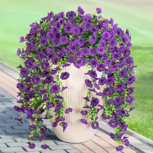 Artificial Hanging Flowers for Outdoor, 2pcs Fake Plants Long Vine Morning Glory Eucalyptus, UV Resistant Realistic Faux Greenery Indoor Outside Patio Porch Garden Spring Decor, Dark Purple