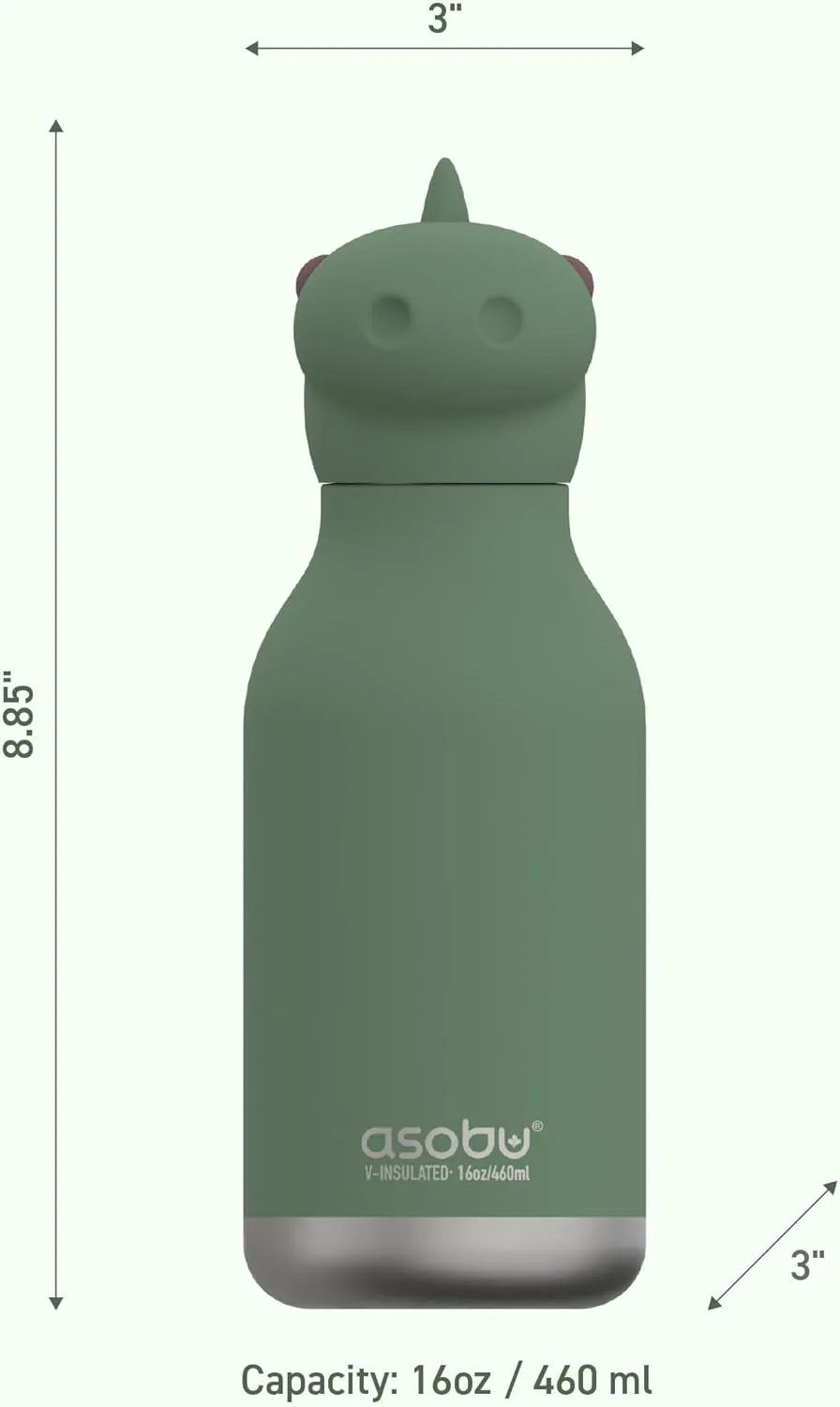 asobu Bestie Bottle Insulated Stainless Steel Water Bottle with Detachable Soft Animal Head Fun Drinking for Kids and Teens with Flexible Reusable Straw 16 Ounce (Dinosaur)