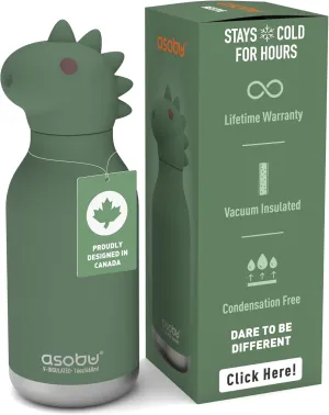 asobu Bestie Bottle Insulated Stainless Steel Water Bottle with Detachable Soft Animal Head Fun Drinking for Kids and Teens with Flexible Reusable Straw 16 Ounce (Dinosaur)