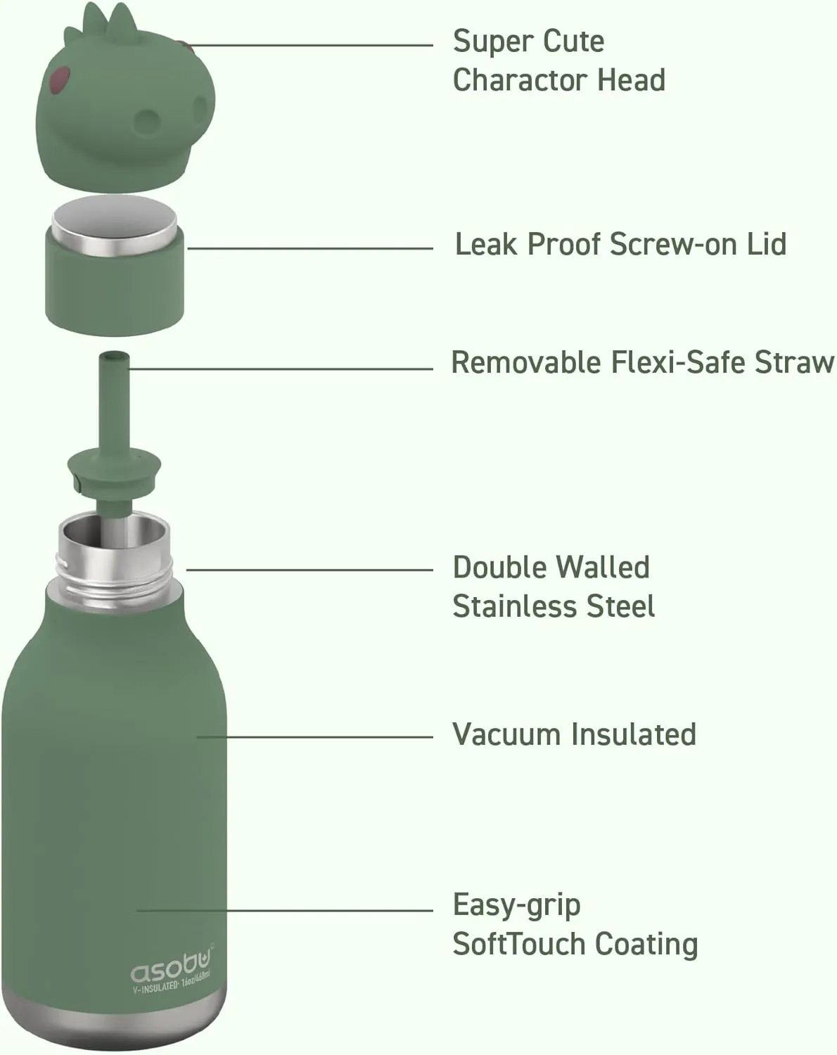 asobu Bestie Bottle Insulated Stainless Steel Water Bottle with Detachable Soft Animal Head Fun Drinking for Kids and Teens with Flexible Reusable Straw 16 Ounce (Dinosaur)