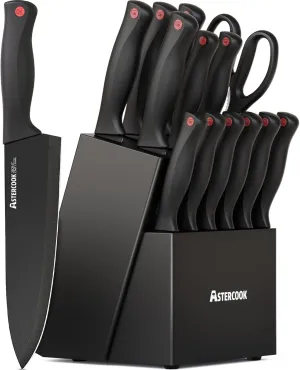 Astercook 15 Piece Knife Set with Sharpener Block - German Stainless Steel, Dishwasher Safe Kitchen Knives with Built-In Sharpener, Black
